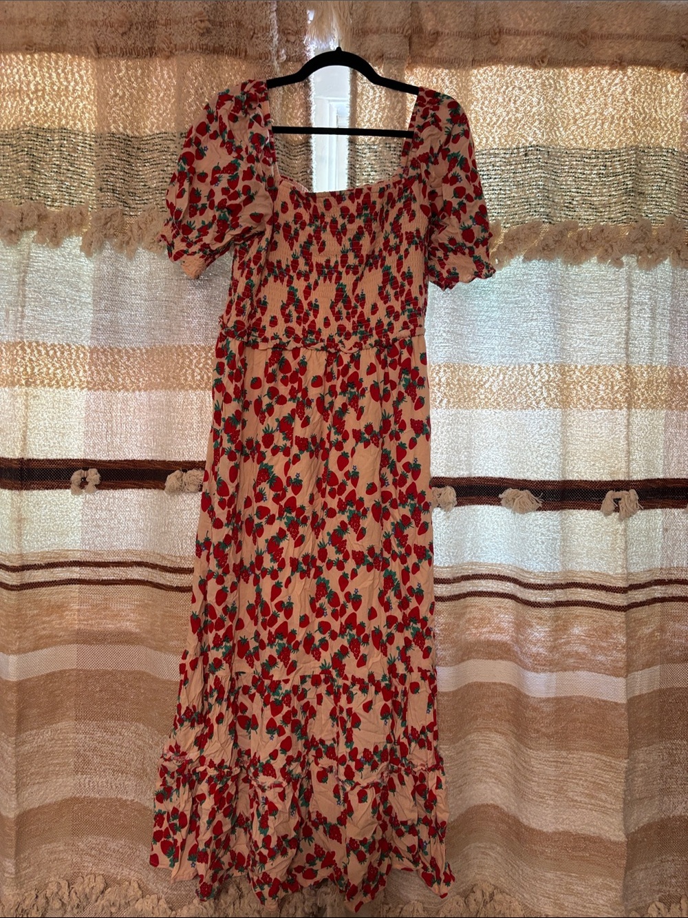 Betsey Johnson Red Floral Cream Maxi Dress with Puff Sleeves